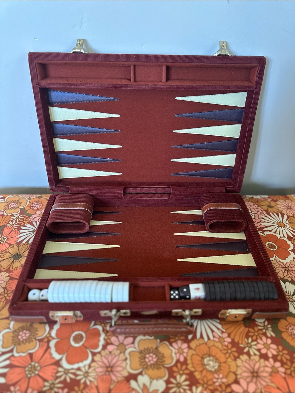 Vintage 70’s Rust/Burgundy Corduroy Backgammon Travel Set with leather details